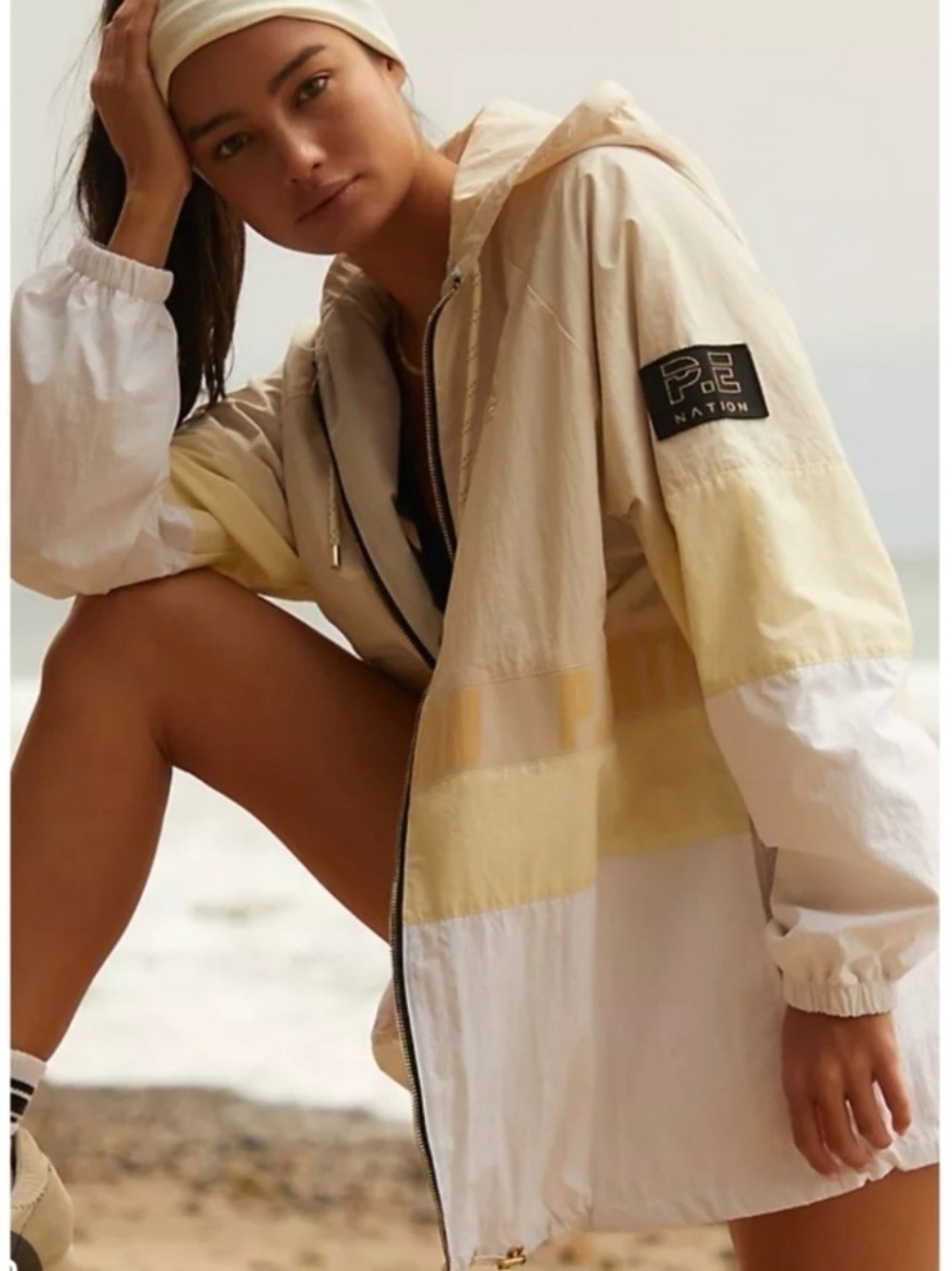 P.E Nation Colorblock Hooded Windbreaker in Cream, Yellow & White